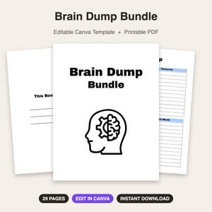 Op de afbeelding: Een Brain Dump Bundle documentenset met een bewerkbaar Canva-sjabloon en een printbare PDF. De voorpagina toont de tekst Brain Dump Bundle boven een zwart lijntekening-icoon van een menselijk hoofd met een tandwiel erin. Bevat 29 pagina's.