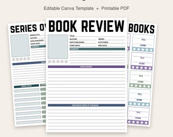 Reading Journal | Editable Canva Template | Printable Book Review Journal | 17 Page PDF | Instant Download