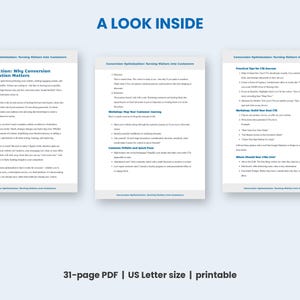 May include: A 31-page PDF document titled A LOOK INSIDE, featuring three pages of text about Conversion Optimization: Turning Visitors into Customers. The content includes an introduction, workshop steps, and practical tips for CTA success.