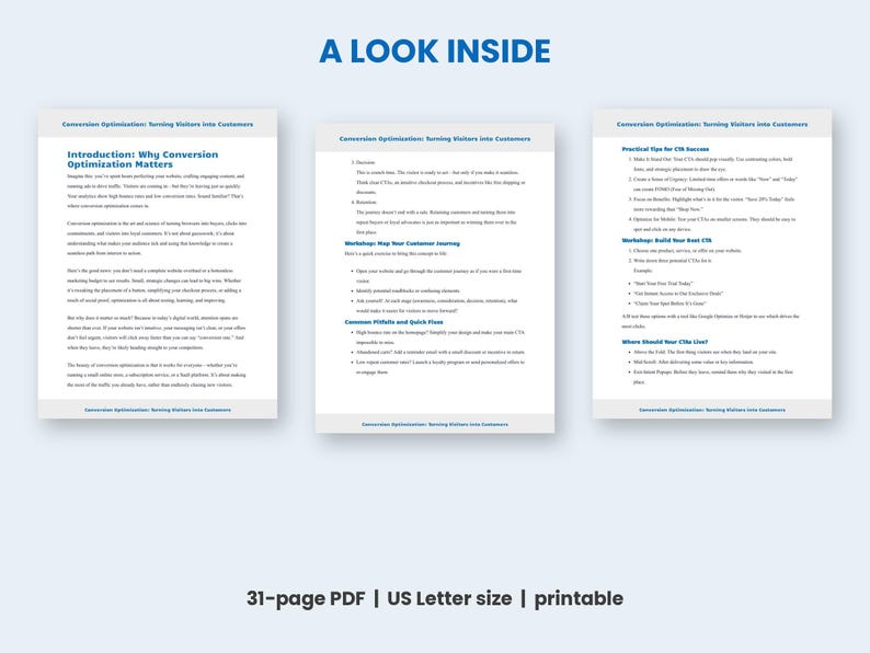 May include: A 31-page PDF document titled A LOOK INSIDE, featuring three pages of text about Conversion Optimization: Turning Visitors into Customers. The content includes an introduction, workshop steps, and practical tips for CTA success.