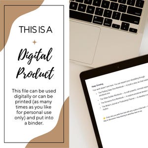 May include: A digital product graphic with text that reads "THIS IS A Digital Product." The image includes a laptop and a tablet displaying text about storytelling workbooks. The text also states the file can be used digitally or printed for personal use.