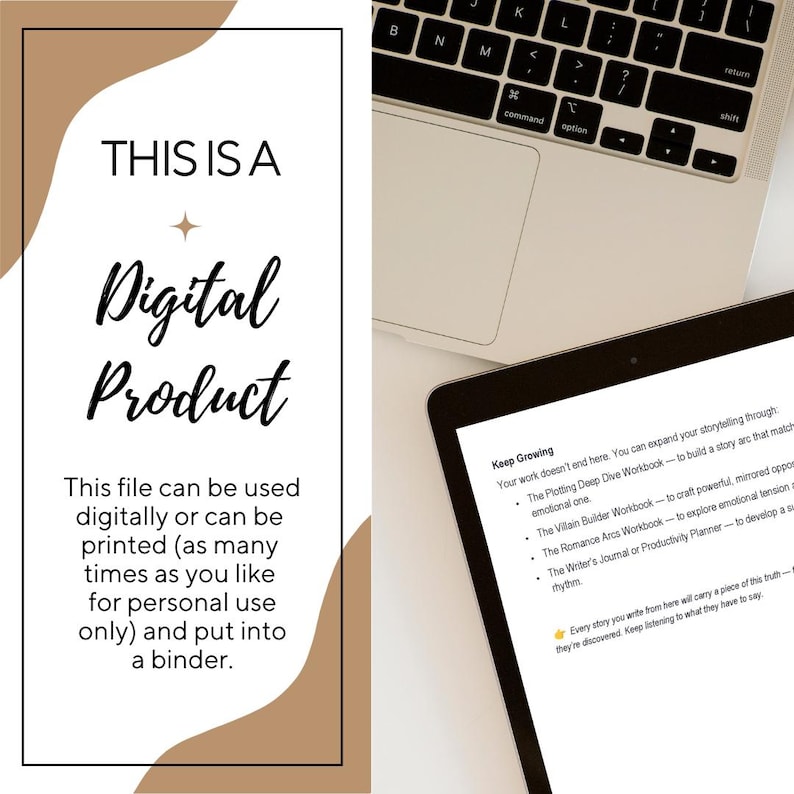 May include: A digital product graphic with text that reads "THIS IS A Digital Product." The image includes a laptop and a tablet displaying text about storytelling workbooks. The text also states the file can be used digitally or printed for personal use.