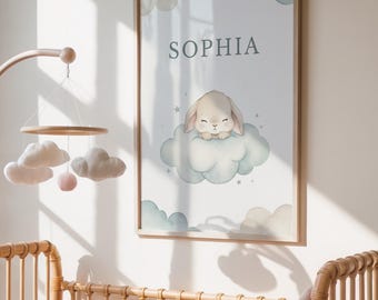 Personalized Bunny Nursery Wall Art, Baby Name Print, Cute Rabbit on Cloud, Custom Kids Room Decor, Printable Nursery Art