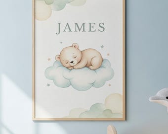 Personalized Bear Nursery Wall Art Printable, Sleeping Bear on Cloud, Baby Name Print, Neutral Nursery Decor, Digital Download