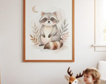 Raccoon Nursery Wall Art, Woodland Animal Print for Baby Room, Forest Nursery Decor, Neutral Kids Room Printable