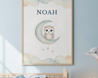 Personalized Owl Nursery Wall Art Printable, Baby Name Nursery Decor, Woodland Nursery Print, Neutral Gender Baby Room Art