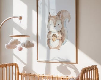 Squirrel Nursery Wall Art Printable, Woodland Animal Baby Room Decor, Scandinavian Nursery Art, Neutral Kids Room Print, Digital Download