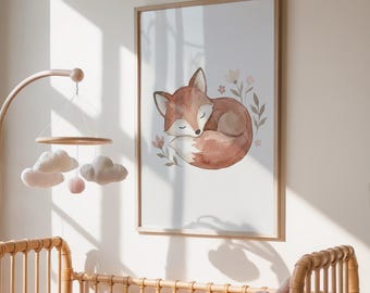 Sleeping Fox Nursery Wall Art Printable, Woodland Baby Animal, Scandinavian Nursery Decor, Neutral Kids Room Art, Instant Download