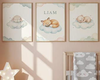 Personalized Woodland Nursery Wall Art Set of 3, Sleeping Fox Bear Bunny Prints, Baby Name Nursery Decor, Digital Download