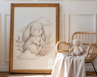 Scandinavian Bunny Nursery Wall Art, Neutral Baby Room Print, Minimal Woodland Nursery Decor, Digital Download