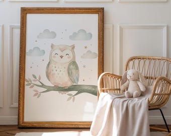 Owl Nursery Wall Art Printable, Scandinavian Woodland Animal Print, Neutral Baby Room Decor, Gender Neutral Kids Art