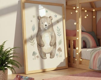 Scandinavian Bear Nursery Wall Art Printable, Neutral Woodland Animal Poster, Baby Room Poster, Gender Neutral Nursery Print