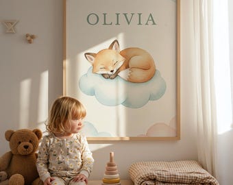 Personalized Fox Nursery Wall Art Printable, Baby Name Fox on Cloud, Neutral Woodland Nursery Decor, Custom Nursery Art