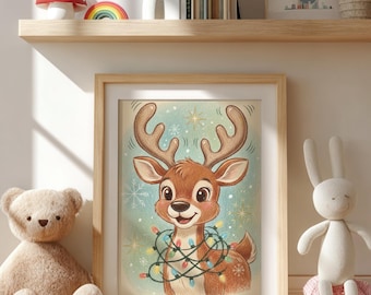 Retro Christmas Reindeer Kids Poster, Cute Playful Nursery Wall Art, Vintage Holiday Printable, Kids Room Christmas Decor, Digital Download