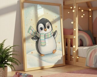 Christmas Penguin Kids Poster, Hand-Drawn Playful Retro Nursery Wall Art, Vintage Holiday Printable, Winter Animal Decor, Digital Download