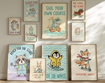 14 Printable Nursery Wall Art Bundle | Hand Drawn Cool Kids Adventure Set Motivational Animal Prints Playroom Gallery Wall Digital Download
