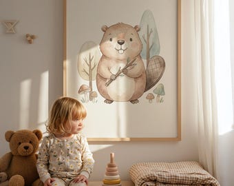 Scandinavian Beaver Nursery Wall Art, Woodland Animal Baby Room Decor, Neutral Forest Nursery Print, Digital Download