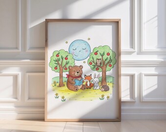 Moonlit Storytime Nursery Wall Art, Hand Drawn Animals Reading, Cozy Bedtime Kids Room Decor, Woodland Nursery Print
