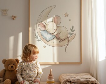 Sleeping Mouse Nursery Wall Art, Scandinavian Nursery Printable, Moon Baby Room Decor, Neutral Woodland Nursery Art