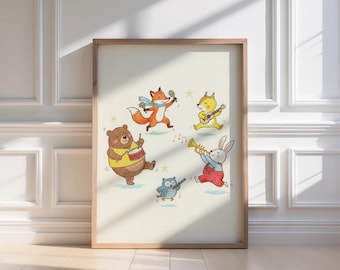 Dancing Woodland Animals Wall Art, Hand Drawn Nursery Print, Musical Forest Animals, Kids Room Decor, Playroom Illustration