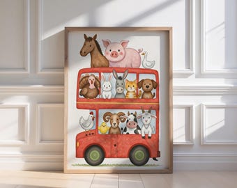 Farm Animal Bus Nursery Wall Art Printable, Cute Country Baby Room Decor, Gender Neutral Farm Friends Kids Bedroom Print