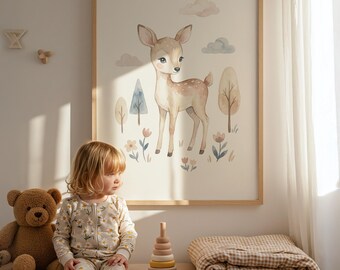 Scandinavian Deer Nursery Wall Art, Woodland Animal Printable, Neutral Baby Room Decor, Forest Nursery Digital Download