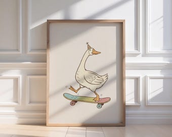 Skating Goose Nursery Wall Art, Cute Goose on Skateboard, Hand Drawn Animal Print for Kids Room, Playful Nursery Decor