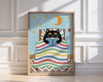 Bedtime Nursery Wall Art, Cat Reading Book Print, Kids Reading Corner Decor, Playful Modern Nursery, Storytime Art
