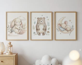 Woodland Nursery Wall Art Set of 3, Bear Bunny Mouse Prints, Neutral Baby Room Decor, Scandinavian Forest Animals, Instant Download