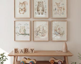 Woodland Nursery Wall Art Set of 6, Forest Animals Baby Prints, Neutral Nursery Decor, Cute Animal Prints, Digital Download