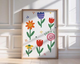 Personalized Nursery Wall Art | Hand Drawn Flowers Print for Kids Room | Custom Name Floral Poster | Playful Modern Nursery Decor