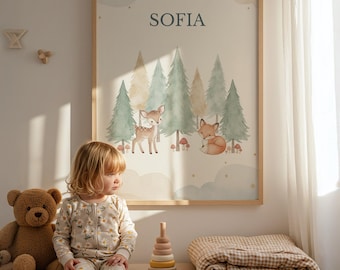 Personalized Nursery Name Wall Art Printable, Woodland Animals Baby Room Decor, Neutral Scandinavian Nursery Print, Digital Download
