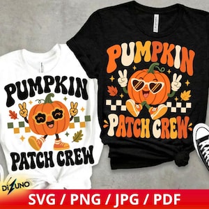 Puede incluir: Una camiseta blanca y una camiseta negra, cada una con el gráfico de una calabaza sonriente con gafas de sol en forma de corazón y zapatillas. El texto PUMPKIN PATCH CREW está impreso en una fuente retro, rodeado de pequeñas estrellas y hojas.