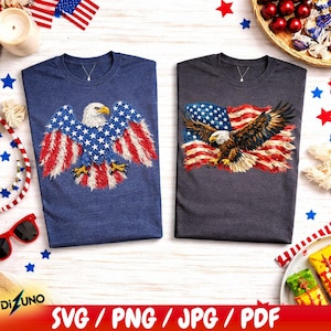 May include: Two t-shirts with patriotic eagle designs. One is navy blue with an eagle design featuring the American flag on its wings. The other is dark gray with an eagle and American flag graphic. Both have a round neckline.