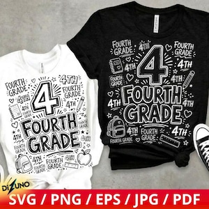 May include: A black t-shirt and a white t-shirt, each featuring a graphic print with the text "FOURTH GRADE" and a large number "4". The designs include illustrations of a backpack, a pencil, a notebook, a ruler, and small hearts.