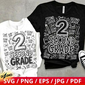 May include: A white t-shirt and a black t-shirt, each featuring a white graphic print with the text "2nd Grade" surrounded by illustrations of pencils, notebooks, rulers, and backpacks. The designs are repeated across the fabric surface.