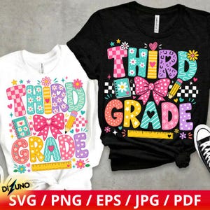 May include: A white t-shirt and a black t-shirt, each featuring a colorful graphic with the text "THIRD GRADE" in a playful font, decorated with a pink bow, a notebook, a yellow pencil, a ruler, and various floral and checkered patterns.