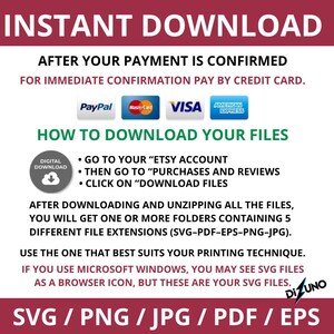 May include: A digital download graphic with the words "INSTANT DOWNLOAD" at the top. Instructions on how to download files after purchase are included, along with accepted payment methods: PayPal, Mastercard, Visa, and American Express.
