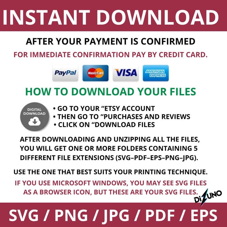 May include: A digital download graphic with the words "INSTANT DOWNLOAD" at the top. Instructions on how to download files after purchase are included, along with accepted payment methods: PayPal, Mastercard, Visa, and American Express.