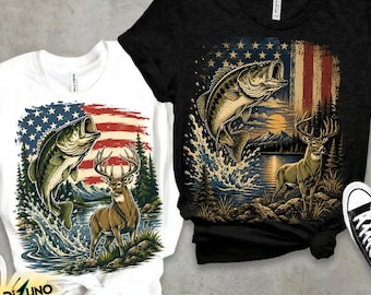 Hunting Fishing PNG, Patriotic Largemouth Bass and Whitetail Deer Shirt Design, American Flag Outdoorsman Sublimation Download