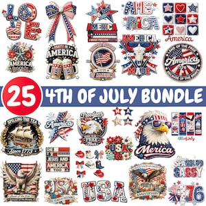 Könnte beinhalten: Eine Sammlung patriotischer Designs zum 4. Juli. Enthält Sterne, Flaggen, Adler und Texte wie "America", "USA" und "Freedom 1776". Das Bundle zeigt eine Vielzahl dekorativer Elemente in Rot, Weiß und Blau.