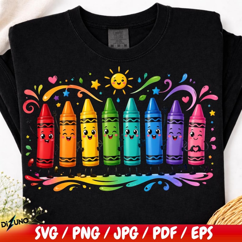 May include: Black t-shirt with a vibrant design of eight smiling crayons. Above the crayons are a smiling sun, stars, and hearts. A rainbow-coloured splash is at the bottom. The text "SVG / PNG / JPG / PDF / EPS" is at the bottom of the t-shirt.