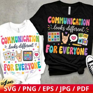 Puede incluir: Dos camisetas, una blanca y otra negra, con el texto "COMMUNICATION looks different FOR EVERYONE" en letras coloridas. Las camisetas presentan ilustraciones de una tableta, gestos con las manos y otros símbolos de comunicación.