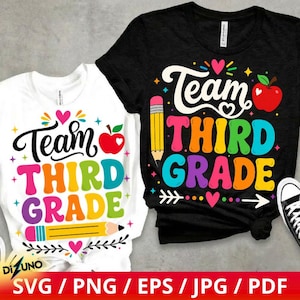 May include: A white t-shirt and a black t-shirt, each featuring a colorful graphic with the text Team Third Grade, a red apple illustration, and a yellow pencil. The designs include various small star and heart accents in multiple bright colors.