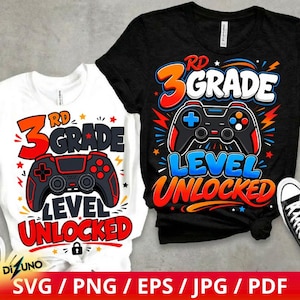 May include: A white t-shirt and a black t-shirt, each featuring a graphic print with the text 3rd GRADE LEVEL UNLOCKED and a video game controller illustration. The designs include red, orange, and blue accents with small star and lightning shapes.