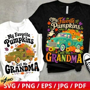 May include: A white t-shirt and a black t-shirt, each featuring a graphic of a vintage pickup truck carrying pumpkins, surrounded by autumn leaves and the text My Favorite Pumpkins Call Me GRANDMA, with a white sneaker visible on the right.