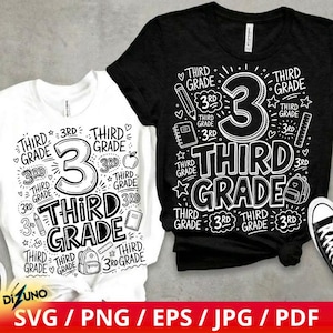 May include: A black t-shirt and a white t-shirt, both featuring a graphic design with the text Third Grade, the number 3, and illustrations of a pencil, a notebook, a backpack, and stars. The black shirt is shown with a partial view of a sneaker.