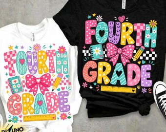 Fourth Grade PNG, Colorful Bow and Checkered Back To School Shirt Design, First Day Of School Sublimation Digital Download