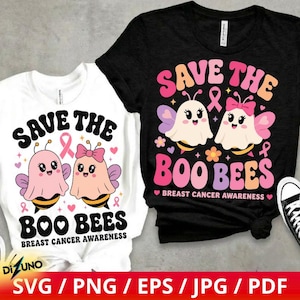 May include: A white t-shirt and a black t-shirt, each featuring a graphic of two ghost-like bees with pink bows and wings. The text reads SAVE THE BOO BEES BREAST CANCER AWARENESS in colorful, retro-style lettering, accompanied by small pink ribbons.