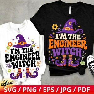 Könnte beinhalten: Ein weißes T-Shirt und ein schwarzes T-Shirt, jeweils mit einem Grafikdruck eines violetten Hexenhutes, orange-violett gestreiften Strümpfen und einem grünen Becher. Der Text lautet I'M THE ENGINEER WITCH in einer fetten, retro-artigen Schrift.